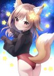  1girl animal_ear_fluff animal_ears annytf arms_up ass black_gloves black_sweater brown_eyes brown_hair commission fingerless_gloves fox_ears fox_girl fox_tail from_behind gloves hair_ornament highleg highleg_leotard highres indie_virtual_youtuber leotard leotard_under_clothes long_hair looking_back night night_sky no_pants paw_pose red_leotard side_ponytail skeb_commission sky smile solo star_(sky) star_(symbol) star_hair_ornament starry_sky suzuno_naru sweater tail thighs virtual_youtuber 