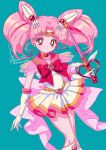  1girl bishoujo_senshi_sailor_moon blue_background bow bowtie chibi_usa choker cone_hair_bun cowboy_shot elbow_gloves gloves hair_bun heart heart_choker heart_wand highres kisumi_rei pink_sailor_collar pleated_skirt red_bow red_bowtie sailor_chibi_moon sailor_collar sailor_senshi_uniform signature skirt solo super_sailor_chibi_moon twitter_username wand white_gloves 