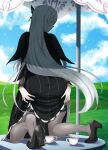  1girl ass black_dress black_footwear blue_sky clothes_lift cloud cup dress dress_lift echidna_(re:zero) frilled_dress frills from_behind grass hair_ornament high_heels highres kneeling lifted_by_self lindaroze long_hair long_sleeves looking_back on_table pantyhose re:zero_kara_hajimeru_isekai_seikatsu sky solo table umbrella web_address white_hair zettai_ryouiki 