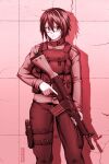  1girl androgynous battle_rifle cracked_wall ebr-kii frown glasses gun h&amp;k_g3 handgun holster holstered_weapon load_bearing_vest mask original phantasy_star phantasy_star_online_2 red_theme rifle serious shadow solo trigger_discipline weapon 