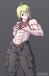  1girl abs belt breast_lift breasts brown_panties cargo_pants ebr-kii glasses grey_background medium_breasts medium_hair muscular muscular_female navel open_fly original panties pants semi-rimless_eyewear smile solo sports_bra under-rim_eyewear underwear 