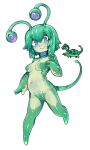  1girl :&gt; alien aqua_eyes bangs breasts character_request closed_mouth collar colored_skin extra_eyes fewer_digits full_body green_hair green_skin green_tail hair_between_eyes highres leg_up looking_at_viewer medium_breasts monster_girl navel no_feet no_nipples no_pussy nude nyong_nyong personification pink_pupils reference_inset shiny shiny_hair shiny_skin short_hair simple_background smile solo tail terraria white_background 