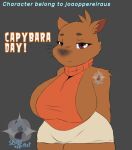  1girls anthro big_breasts big_butt bottomwear breasts brown_body brown_eyes brown_fur butt capybara caviid clothing digital_media_(artwork) female fur huge_breasts looking_at_viewer mammal pam_(joaoppereiraus) rodent side_boob skirt snowyblue snowyblue1 solo 