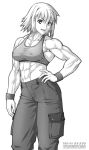  1girl abs breasts cargo_pants contrapposto covered_nipples ebr-kii greyscale hand_on_hip highres medium_breasts medium_hair midriff monochrome muscular muscular_female navel original pants solo sports_bra v-shaped_eyebrows wristband 