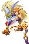  alternate_form animal_ears bandages blonde_hair blue_skin boots breath_of_fire breath_of_fire_ii bustier cat_ears colored_skin duplicate earrings facial_mark green_eyes jewelry no_panties pixel-perfect_duplicate pointy_ears red_eyes red_hair rinpoo_chuan simple_background slit_pupils smile staff tail tiger_ears tiger_tail topless 