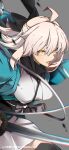  1girl ahoge bangs black_bow black_scarf black_thighhighs bow breasts chromatic_aberration fate/grand_order fate_(series) grey_background grey_hair hair_between_eyes hair_bow haori highres japanese_clothes katana kimono koha-ace medium_breasts obi okita_souji_(fate) okita_souji_(koha-ace) pakotaroh ribbon sash scarf sheath short_hair short_kimono simple_background solo sword thighhighs twitter_username weapon white_kimono white_ribbon yellow_eyes zettai_ryouiki 