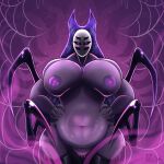  2022 6_eyes anthro arachnid arthropod belly big_breasts breasts curvy_figure fecharis female front_view genitals glowing glowing_eyes half-length_portrait hands_on_hips herrah hi_res hollow_knight looking_at_viewer multi_eye navel nipples portrait purple_nipples pussy solo spicy_triangles team_cherry thick_thighs video_games voluptuous 