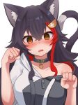  1girl @ absurdres alternate_animal_ears alternate_tail animal_ears black_hair blush breasts cat_ears cat_girl cat_tail fang highres hololive hood hood_down hoodie large_breasts long_hair micon multicolored_hair off_shoulder ookami_mio orange_eyes paw_pose red_hair tail two-tone_hair virtual_youtuber 