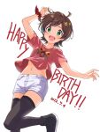  1girl ahoge bangs black_footwear black_thighhighs breasts brown_hair check_commentary collarbone commentary_request damokan66 dated denim dot_nose green_eyes hair_ornament hairclip hand_up happy_birthday highres idolmaster idolmaster_million_live! idolmaster_million_live!_theater_days kinoshita_hinata leg_up legs light_blush looking_at_viewer midriff_peek navel open_mouth pleated_pants print_shirt red_scrunchie red_shirt scrunchie shirt short_hair short_shorts short_sleeves shorts small_breasts smile solo star_(symbol) star_hair_ornament t-shirt thighhighs thighs white_background white_shorts wrist_scrunchie zettai_ryouiki 