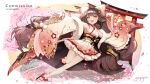  1girl animal_ears azur_lane black_footwear bow brown_hair cherry_blossoms commission detached_sleeves falling_petals fang frilled_skirt frills full_body fur-trimmed_sleeves fur_trim gaogao_(gaogaomegu) geta hair_bow hair_ornament harutsuki_(a_dance_for_the_coming_spring)_(azur_lane) harutsuki_(azur_lane) highres japanese_clothes kanzashi kimono kimono_skirt long_hair long_sleeves obi obijime open_mouth outstretched_arm petals sash short_kimono skeb_commission skin_fang skirt smile solo tabi thighhighs torii tree very_long_hair white_thighhighs wide_sleeves yellow_eyes 