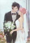  1boy 1girl absurdres bare_arms black_bow black_bowtie black_eyes black_hair black_jacket black_pants bouquet bow bowtie closed_mouth couple cowboy_shot dress dress_shirt earrings eye_contact flower formal green_eyes hand_in_pocket haruno_sakura hetero highres holding holding_bouquet husband_and_wife jacket jewelry long_dress long_sleeves looking_at_another naruto_(series) niku_(ni23ku) pants pink_hair shiny shiny_hair shirt short_hair shoulder_blades smile spiked_hair strapless strapless_dress twitter_username uchiha_sasuke veil wedding_dress white_dress white_flower white_shirt 