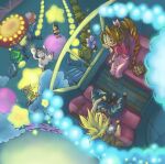  aerith_gainsborough armor baggy_pants blonde_hair blue_pants blush braid braided_ponytail brown_hair cait_sith_(ff7) christmas_tree cloud_strife dress final_fantasy final_fantasy_vii flower_basket gondola hair_between_eyes hair_ribbon jacket kiosk leaning_to_the_side long_hair moogle multiple_girls neon_lights pants pink_dress pink_ribbon puffy_short_sleeves puffy_sleeves red_jacket ribbon short_sleeves shoulder_armor sitting spiked_hair tifa_lockhart umeda_yoshio window wooden_floor yuffie_kisaragi 