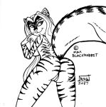  anthro breasts butt female genitals hybrid looking_back monochrome nude porn_star pussy reddragonkan simple_background solo striped_body stripes traditional_media_(artwork) zig_zag 