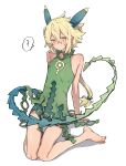  ? bad_id bad_twitter_id bare_arms bare_legs bare_shoulders barefoot blonde_hair blush closed_mouth copyright_request covered_nipples dress flat_chest full_body green_dress hair_between_eyes higashi_shino highres horns long_hair looking_at_viewer reclining simple_background sitting sleeveless solo spoken_question_mark tail wariza white_background yellow_eyes 