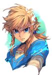  1boy bangs blonde_hair blue_eyes blue_tunic clenched_teeth earrings hungry_clicker jewelry link long_hair looking_at_viewer low_ponytail male_focus outstretched_arm pointy_ears portrait shirt sidelocks solo teeth the_legend_of_zelda the_legend_of_zelda:_breath_of_the_wild white_shirt 