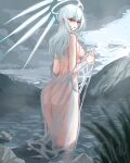  1girl angel ass back bangs blue_eyes breasts cloud cloudy_sky feet_out_of_frame from_side halo highres ishimaru_(ishimarust) lake long_hair looking_at_viewer looking_to_the_side medium_breasts mountain mountainous_horizon nipples nude on_water open_mouth original parted_lips see-through sideboob sky solo standing thighs water white_hair 