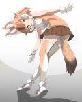  1girl animal_ears bare_shoulders bent_over boots brown_shirt brown_skirt brown_thighhighs dhole_(kemono_friends) dog_ears dog_girl dog_tail gloves highres kemono_friends kemono_friends_3 light_brown_hair looking_at_viewer minamihuzei31 multicolored_hair pleated_skirt shirt short_hair skirt sleeveless solo tail thighhighs two-tone_hair two-tone_shirt two-tone_thighhighs white_footwear white_gloves white_hair white_shirt white_thighhighs yellow_eyes zettai_ryouiki 
