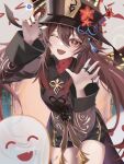  1girl ^_^ ^o^ absurdres brown_hair chinese_clothes claw_pose closed_eyes cowboy_shot genshin_impact ghost happy hat highres hoatannn hu_tao_(genshin_impact) leaning_forward long_sleeves looking_at_viewer one_eye_closed shorts symbol-shaped_pupils top_hat twintails 
