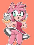  amy_rose anthro bodily_fluids bottomless butt clothed clothing eulipotyphlan female genital_fluids genitals hedgehog hi_res looking_back mammal nipple_outline nixtnya orange_background pussy pussy_juice sega simple_background solo sonic_the_hedgehog_(series) surprise upskirt 