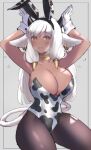  1girl @_@ absurdres animal_ears animal_print ash_(fire_emblem) black_horns blush breasts cleavage cow_ears cow_girl cow_print cow_tail dark-skinned_female dark_skin ear_piercing fake_animal_ears fire_emblem fire_emblem_heroes gloves highres horns juneplums leotard open_mouth pantyhose piercing playboy_bunny rabbit_ears tail white_gloves wrist_cuffs 