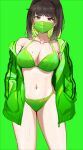  1girl bikini black_hair breasts collarbone colored_inner_hair earrings green_background green_bikini green_hair green_jacket hands_in_pockets highres jacket jewelry large_breasts looking_at_viewer mask miru_(ormille) mole mole_on_breast mole_on_thigh mole_under_eye mouth_mask multicolored_hair navel original ormille short_hair solo stomach swimsuit 