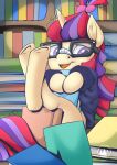  2022 book clothing equid equine explicit_source eyewear female feral friendship_is_magic glasses hair hasbro hi_res hooves horn inner_ear_fluff mammal moondancer_(mlp) multicolored_hair my_little_pony mysticalpha open_mouth purple_hair purple_tail red_hair red_tail signature smile solo tan_body tuft two_tone_hair two_tone_tail underhoof unicorn 