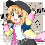  1girl :d arm_up bangs beamed_eighth_notes beamed_sixteenth_notes black_headwear black_shorts blonde_hair chibi collarbone commentary_request eighth_note flat_cap gochuumon_wa_usagi_desu_ka? green_eyes grey_background hand_up hat holding holding_microphone jacket kirima_syaro long_sleeves looking_at_viewer microphone mitya multicolored_clothes multicolored_jacket musical_note open_clothes open_jacket paripi_koumei piano_keys puffy_long_sleeves puffy_sleeves quarter_note shirt short_shorts shorts smile solo tsukimi_eiko twitter_username two-tone_background white_background white_shirt 