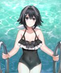  1girl arknights bangs bare_arms bare_shoulders black_bow black_eyes black_hair black_swimsuit blue_sealad blush bow breasts casual_one-piece_swimsuit cleavage closed_mouth collarbone covered_navel cowboy_shot day frilled_swimsuit frills hair_ornament hairclip highres la_pluma_(arknights) looking_at_viewer medium_breasts one-piece_swimsuit outdoors pool pool_ladder short_hair smile solo standing swimsuit thigh_gap water 