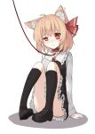  1girl animal_collar animal_ear_fluff animal_ears black_thighhighs blonde_hair collar collarbone commentary full_body highres kneehighs leash long_sleeves medium_hair red_eyes rumia sh_(562835932) simple_background sitting socks solo thighhighs touhou white_background 