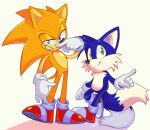  alternate_color anthro canid canine clothing duo eulipotyphlan footwear fox grin half-closed_eyes hedgehog hi_res male mammal miles_prower narrowed_eyes sega shoes smile sonic_the_hedgehog sonic_the_hedgehog_(series) zombieeparty 