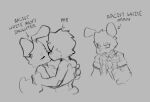  angry anthro arthropod bee canid canine canis domestic_dog duo embrace english_text eyes_closed female goon_(goonie_san) goonie-san hi_res humor hymenopteran insect interspecies kissing male male/female mammal mercy_(goonie-san) monochrome sketch text 