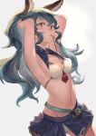  1girl animal_ears armpits ass_visible_through_thighs bikini blue_hair blue_skirt blush breasts brown_eyes ferry_(granblue_fantasy) ferry_(summer)_(granblue_fantasy) granblue_fantasy groin hands_in_hair highres konoike_(pepe_expect) long_hair looking_at_viewer mouth_hold navel pleated_skirt skirt small_breasts solo swimsuit thighs white_background white_bikini 