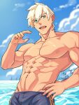  1boy abs absurdres bangs black_male_swimwear blue_eyes cloud day fate/grand_order fate_(series) hand_on_hip highres large_pectorals male_focus male_swimwear muscular muscular_male navel nipples open_mouth outdoors pectorals percival_(fate) short_hair sky solo topless_male water white_hair yaosan233 