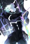  1boy aqua_hair armor black_armor broken_mask diffraction_spikes eyelashes highres holding holding_weapon inuyama_(inuhill) lio_fotia long_eyelashes male_focus mask parted_lips promare purple_eyes solo teeth twitter_username weapon 