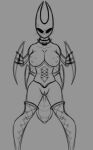  2022 anthro arthropod arthropod_abdomen big_breasts black_and_grey breasts clothing corset fecharis female front_view genitals hands_behind_back hi_res hollow_knight hornet_(hollow_knight) insect legwear lingerie monochrome mostly_nude nipples non-mammal_breasts non-mammal_nipples portrait pussy sketch solo spicy_triangles stockings team_cherry three-quarter_portrait topwear video_games 