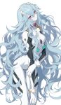  1girl ayanami_rei bare_shoulders blue_hair collarbone covered_collarbone eyelashes grey_background hair_between_eyes hand_on_own_arm highres inuyama_(inuhill) long_eyelashes long_hair looking_at_viewer messy_hair neon_genesis_evangelion parted_lips pink_eyes plugsuit simple_background sketch solo very_long_hair 