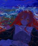  1girl bangs black_dress blush closed_eyes closed_mouth commentary_request dress hair_between_eyes highres keo_(oketa99) long_hair long_sleeves original own_hands_together partially_submerged red_hair solo upper_body water 