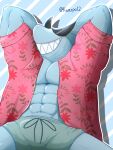  3:4 abs aloha_shirt anthro blue_body blue_bottomwear blue_clothing bottomwear clothed clothing eyewear fish flexing grin hands_behind_head hi_res kwetpo12 male marine monotone_body mr._jawsum muscular muscular_anthro muscular_male omori_(game) open_clothing open_shirt open_topwear pattern_clothing pattern_shirt pattern_topwear pink_clothing pink_shirt pink_topwear shark sharp_teeth shirt smile solo sunglasses swimming_trunks swimwear teeth topwear 