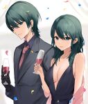  1boy 1girl alternate_costume bare_shoulders black_dress black_gloves black_shirt black_suit blue_eyes blue_hair breasts byleth_(fire_emblem) byleth_(fire_emblem)_(female) byleth_(fire_emblem)_(male) cleavage closed_mouth collarbone collared_shirt commentary confetti cup dress drink drinking_glass ear_piercing fire_emblem fire_emblem:_three_houses formal gloves haru_(nakajou-28) highres holding holding_cup long_hair looking_at_viewer medium_breasts necktie piercing pink_necktie shawl shirt short_hair sleeveless sleeveless_dress suit symbol-only_commentary upper_body white_background 