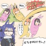  3girls animal_costume animal_ear_fluff animal_ears black_hair blazer blue_hair caracal_(kemono_friends) closed_mouth dire_wolf_(kemono_friends) highres humboldt_penguin_(kemono_friends) jacket kemono_friends kemono_friends_v_project long_hair mcgunngu microphone multiple_girls open_mouth orange_hair parody ribbon scarf short_hair smile super_bunny_man tail virtual_youtuber 