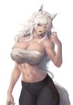  1girl abs animal_ears bandages bangs bare_arms bare_shoulders black_pants breasts chest_sarashi cleavage collarbone copyright_request green_eyes grey_hair hand_up highres large_breasts limeblock long_hair looking_at_viewer muscular muscular_female navel pants parted_lips sarashi simple_background solo tail white_background 