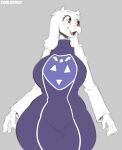  2022 4_fingers anthro big_breasts boss_monster bovid breasts caprine clothed clothing cooliehigh female fingers fur hi_res horn huge_breasts looking_aside mammal mature_anthro mature_female open_mouth open_smile red_eyes simple_background smile solo thick_thighs toriel undertale undertale_(series) video_games white_body white_fur wide_hips 