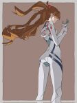  1girl 946083d1 adjusting_clothes ass back border brown_background brown_hair closed_mouth film_grain grey_border hair_over_eyes highres neon_genesis_evangelion plugsuit simple_background solo souryuu_asuka_langley twintails 