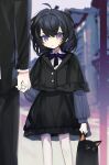  1girl 1other absurdres ahoge apartment bangs black_dress black_hair black_pants black_suit blue_necktie blue_shirt blurry blurry_background building buttons child crossed_bangs depth_of_field dithered_background dithering dot_nose dress female_child formal frilled_dress frills hair_between_eyes height_difference highres holding holding_hands holding_stuffed_toy long_sleeves medium_hair necktie original outdoors pants parted_lips purple_eyes rexxxlord road shirt street stuffed_animal stuffed_cat stuffed_toy suit 