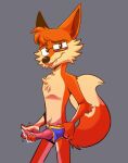  anthro bodily_fluids briefs canid canine clothing clothing_aside erection fivey_fox fox genital_fluids genitals hi_res knot looking_at_viewer male mammal masturbation penis precum solo solo_focus underwear underwear_aside zombieeparty 