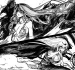  2girls artist_request bangs black_dress blood blood_on_face blunt_bangs breasts cloak dress elden_ring hand_on_own_cheek hand_on_own_face highres hololive hololive_english long_hair malenia_blade_of_miquella monochrome mori_calliope multiple_girls non-web_source smile tiara wings 