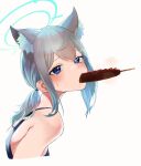  1girl absurdres animal_ear_fluff animal_ears bangs bare_shoulders blue_archive blue_eyes blue_hair blush crop_top food food_in_mouth from_side gradient_hair grey_hair halo highres kazane-wind long_hair looking_at_viewer looking_to_the_side low_ponytail mouth_hold multicolored_hair sausage shiroko_(blue_archive) simple_background solo tearing_up tears upper_body white_background wolf_ears 