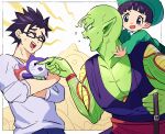  1girl 2boys :d absurdres antennae black_hair child closed_eyes dragon_ball dragon_ball_super dragon_ball_super_super_hero father_and_daughter female_child glasses hat highres holding holding_stuffed_toy kindergarten_uniform multiple_boys open_mouth pan_(dragon_ball) pants pectorals piccolo pointing pointy_ears red_sash sakamoto_(ojiojiojisanda) sash shirt sketch smile son_gohan spiked_hair stuffed_toy sweatdrop 