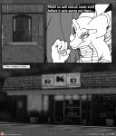  2018 anthro building comic door dragon english_text hi_res horn house if_hell_had_a_taste male monochrome parking_lot raining scales scar sign skylar_zero solo store text viroveteruscy window window_curtains 