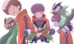  akiinu anthro avian bandai_namco beak bird blue_eyes brown_feather brown_hair claws digimon digimon_(species) digimon_survive duo embrace falcomon grin hair hi_res hug human male mammal minoru_hyuga multiple_images smile 